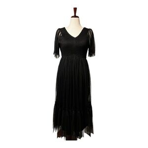 NWT Black Dress Day Dotted Tulle Smocked Maternity Midi Dress Size L
